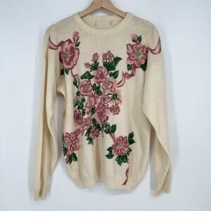 Vintage Floral Sweater Womens Large Stretch Knit Sweater Painted Pink Crew Neck